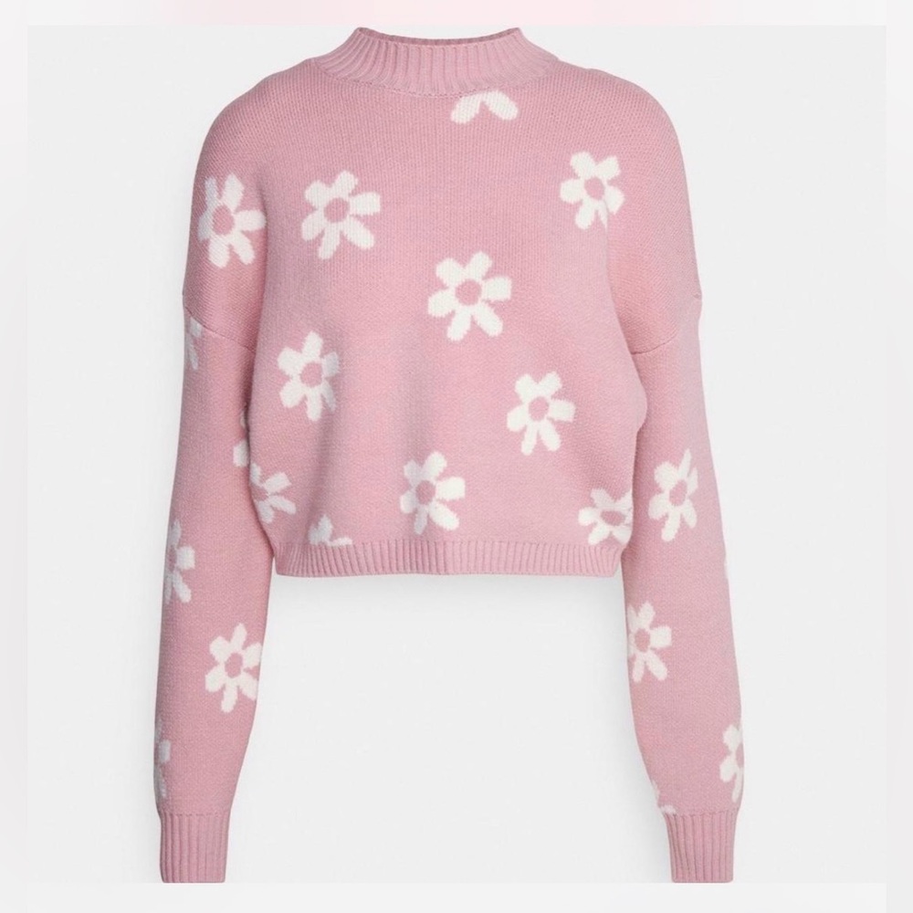 Hollister pink white cropped sweater turtleneck flowers floral blue size M